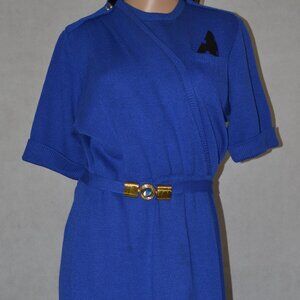 ST. JOHN BY MARIE GRAY BLUE AND BLACK/GOLD DRESS WITH BELT (CHECK DESCRIPTION )